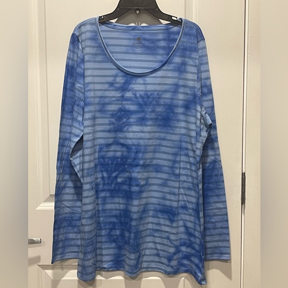 New J.Jill PureJill Fit Long Sleeve Blue Striped Cotton Tie-dyed Top Large - Picture 1 of 4